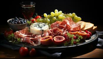 AI generated A gourmet meal prosciutto, bread, wine, tomato, smoked delicatessen generated by AI photo