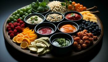 ai generado frescura y variedad en un de madera mesa, sano vegetariano ensalada generado por ai foto