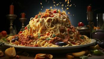 AI generated Fresh pasta with tomato sauce, cooked meat, and vegetables generated by AI photo