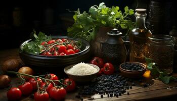 AI generated Fresh tomato salad on wooden table, healthy and organic generated by AI photo