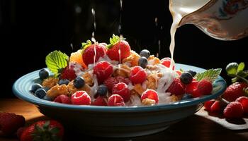 AI generated Fresh fruit salad with yogurt and granola on wooden table generated by AI photo