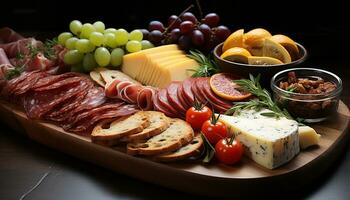 AI generated Variety of gourmet cheeses and meats on rustic wooden plate generated by AI photo