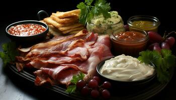 AI generated Grilled pork slice on wood plate, healthy eating with salad generated by AI photo