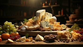 AI generated A rustic buffet plate with gourmet French and Swiss cheeses generated by AI photo