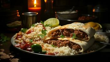 ai generado un gastrónomo taco plato con A la parrilla carne de vaca y Fresco vegetales generado por ai foto