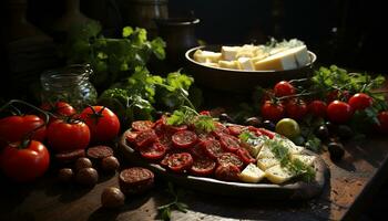AI generated Fresh tomato salad on wooden table, healthy and delicious generated by AI photo