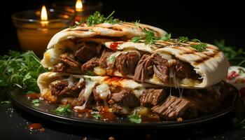 AI generated Grilled beef steak on plate, ready to eat with salad generated by AI photo