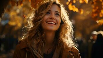 AI generated Smiling young woman enjoying autumn beauty in casual clothing generated by AI photo