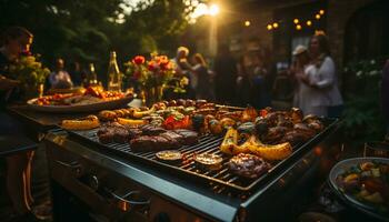 AI generated Grilled meat sizzles on barbecue, creating a summer feast generated by AI photo