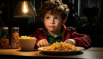 ai generado un linda chico sonriente, comiendo francés papas fritas a el mesa generado por ai foto