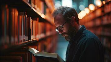 AI generated Man with a beard in the library reading a book. Generative AI photo