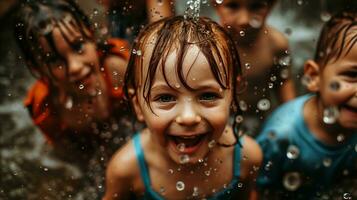 ai generado un grupo de niños jugar con agua y sonrisa. generativo ai foto