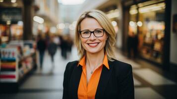 ai generado un contento mujer con lentes y un naranja camisa en pie en un centro comercial. generativo ai foto