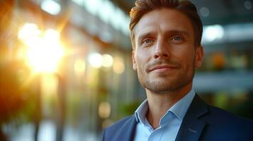 AI generated Confident businessman smiling outdoor with sunset in background photo