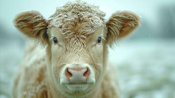 AI generated Close-up portrait of a snow-covered cow in winter photo