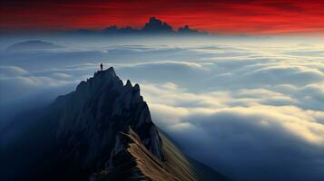 ai generado un hombre soportes triunfantemente en un montaña cima, con vista a un asombroso paisaje con un vibrante rojo cielo. foto