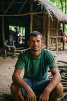 AI generated A man sitting in front of a hut displays a sense of community and togetherness. photo