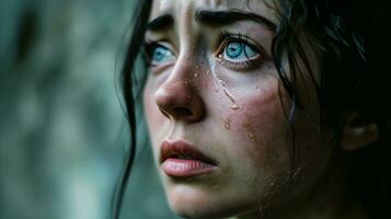 AI generated Tearful young woman with striking blue eyes showing emotional pain photo