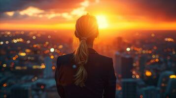 AI generated A woman looks out across the city at night. photo