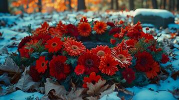 ai generado vibrante rojo gerbera margaritas en Nevado escena con caído hojas foto