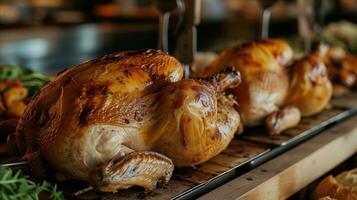 AI generated Golden roasted chickens on spits ready for serving at feast photo