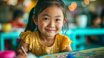AI generated A little girl smiling as she paints. Generative AI photo