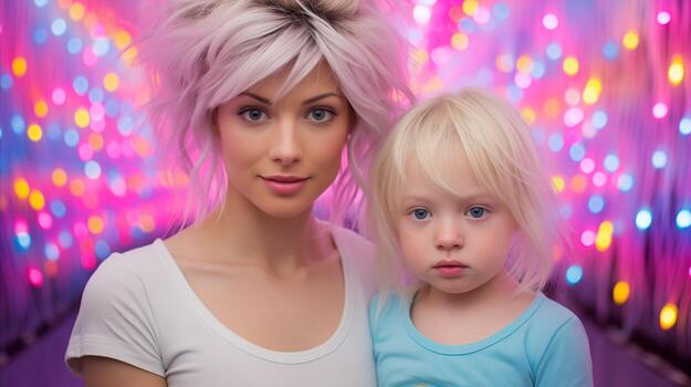 AI generated A mother and child posing in front of a colorful background. Generative AI photo