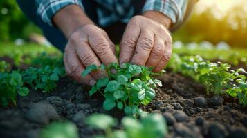 AI generated Gardener nurturing young plants in fertile soil at sunset photo