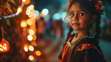 ai generado retrato de un joven niña en tradicional disfraz a un festival con espumoso luces foto