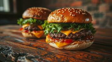 AI generated Two hamburgers sit on top of a wooden board. photo