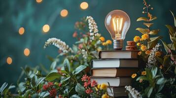 AI generated Light Bulb on Pile of Books - Creativity, Knowledge, and Ideas photo