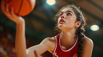 ai generado baloncesto joven dama regate pelota. generativo ai foto