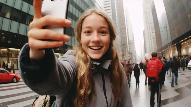 AI generated A girl smiling while holding her phone up to take a selfie in a bustling cityscape. Generative AI photo