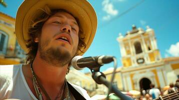 AI generated Street musician performing live music in a sunny town square photo