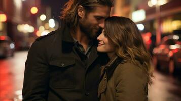 ai generado un Pareja compartiendo un sentido abrazo debajo el lluvia en un bullicioso ciudad calle. generativo ai foto