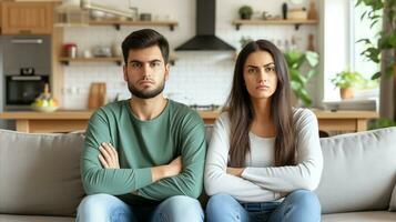 AI generated A couple sitting on a couch in front of a kitchen. Generative AI photo