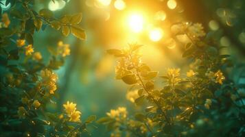 AI generated Warm sunlight filtering through fresh green leaves in springtime photo