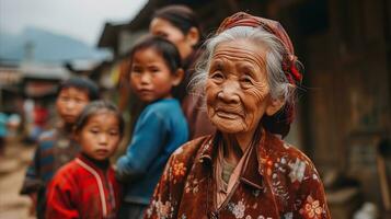 ai generado antiguo mujer en pie entre grupo de niños en un aldea. generativo ai foto