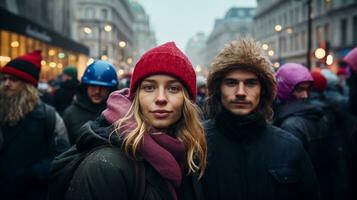 AI generated Woman standing confidently in a crowd of people. Generative AI photo