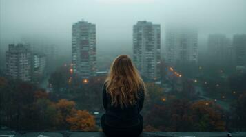 ai generado contemplativo mujer con vista a brumoso otoño paisaje urbano a oscuridad foto