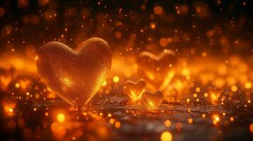 ai generado dorado corazones en negro antecedentes con destellos, simbolizando amor y resplandor. foto