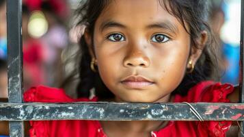 ai generado un linda niña mira fuera mediante barras. generativo ai foto