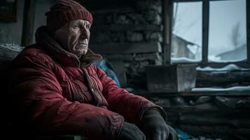 AI generated An old man sits in a wooden hut with open windows. Generative AI photo