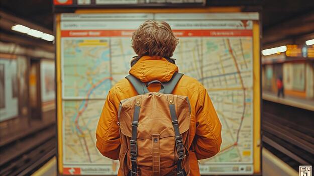 AI generated Man in orange jacket looking at subway map on platform photo