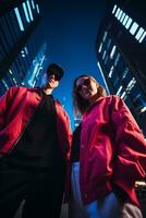 AI generated A couple in red jackets posing in front of towering buildings. Generative AI photo