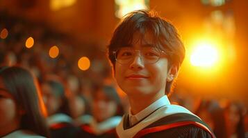 ai generado orgulloso joven graduado sonriente a graduación ceremonia, logro concepto foto