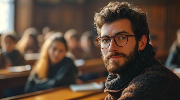 AI generated Confident young man in glasses at university lecture hall photo