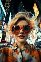 AI generated A stylish woman wearing sunglasses poses in front of a vibrant cityscape. Generative AI photo