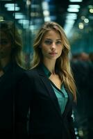 AI generated A professional woman in a suit stands confidently. Generative AI photo