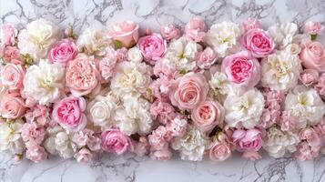 AI generated Pink and white roses placed on top of a marble background. photo